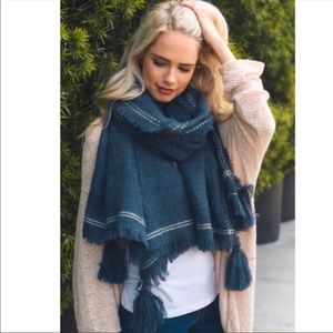 50% Wool 50% Cotton Blue Tassel Blanket Scarf